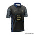 A black and blue polo shirt featuring patterned sleeves and a prominent logo space for branding.