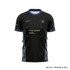 A black sports t-shirt with blue accents and a patterned design on the sides. It features multiple branding areas.