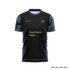 A black sports T-shirt with patterned sleeves and a logo space. Suitable for adults.