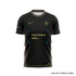A black sports T-shirt featuring vibrant patterned accents and areas for branding.