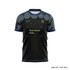 A black sports T-shirt with decorative patterns and a branding space on the front.