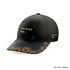 A black five-panel cap featuring a patterned brim and a logo area for branding.