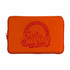 An orange zippered laptop and tablet sleeve featuring a logo with a surfing theme.
