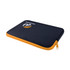 A zippered laptop and tablet sleeve in black with orange accents, featuring a logo on the front.