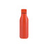 A drink bottle in bright red with a sleek, matte finish and a black lid. It features a logo on the surface.