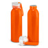 A drink bottle in bright orange with a clear lid and an attached strap, featuring a logo on its surface.