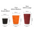 Three compostable paper cups in black, orange, and maroon, with double wall corrugated design and size dimensions displayed.