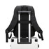 A black expandable laptop backpack resting on a wheeled suitcase, showcasing padded straps and back panel.