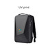 A black expandable hardshell backpack with a sleek design and a logo. It features a carry handle and shoulder strap.