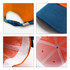 A 6 panel adjustable baseball cap featuring blue and orange colours, with visible stitching and an internal lining.