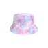 A tie dye bucket hat featuring a blend of pink, blue, and purple colours. It has a branded logo.