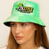 A tie-dye bucket hat in green featuring a logo on the front, worn by a model with long hair.