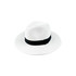 A white sun hat with a black band, featuring a wide brim and a smooth texture. It has a logo on the inside.