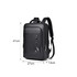 A black polyurethane laptop backpack with multiple pockets and adjustable straps, featuring a logo on the front.