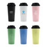 A drink bottle set featuring six tumblers in black, white, pink, green, blue, and yellow, each with a different logo.