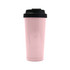 A drink bottle in a pink finish with a black lid and a logo. Made from recycled stainless steel.