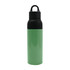 A drink bottle made of recycled stainless steel, featuring a mint green body and a black lid. It has a logo.