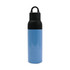 A drink bottle in light blue with a black lid and handle, featuring a logo on its side.