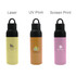A drink bottle collection featuring yellow, orange, and pink insulated tumblers with black lids and logos.