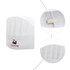 A white disposable non-woven chef hat featuring pleats and a logo. It includes a secure closure on the inside.