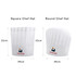 A disposable non-woven chef hat in white, with a square and a round design, featuring a small logo.