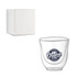 A double wall glass featuring a circular logo design, accompanied by a plain white box.