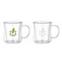 A drink bottle featuring a double wall design, made of clear glass with a handle. It has a logo on one side.