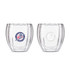 A spiral double wall glass with a clear finish and curved design, featuring a logo on one side.