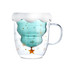 A double wall mug shaped like a Christmas tree, featuring a frosted white top, blue interior, and festive gold and silver details.