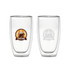 A drink bottle featuring two clear double wall glasses with logos, one brown and one transparent.
