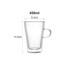 A transparent double wall mug with a handle, measuring 14.5 cm in height and 9.3 cm in diameter, with a 450 ml capacity.
