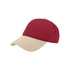 A solid colour fashion cap featuring a red crown and a beige brim, with a visible logo on the side.