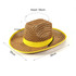 A Western straw hat featuring a brown woven design and a bright yellow brim with a black adjustment strap.