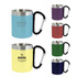 A drink bottle featuring a recycled stainless steel double-walled design with a carabiner handle, available in multiple colours.