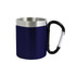 A drink bottle featuring a navy blue recycled stainless steel body and black carabiner handle with a silver rim.