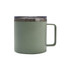 A drink bottle in pale green with a stainless steel lid and a handle, featuring a logo.