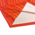 A red half V-neck T-shirt with yellow stripes, featuring a breathable interior fabric and a logo.