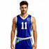 A sleeveless sport jersey in blue featuring a logo and the number 11, made of breathable polyester.