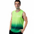 A sleeveless crew neck singlet featuring a gradient design in green shades, made from 100% polyester micro mesh. It has a logo.