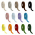 A collection of satin polyester ribbons in various colours, including beige, pink, blue, purple, and green, each on a roll.