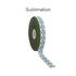 A roll of satin polyester ribbon in olive green with a patterned design in blue. It features a branding logo.