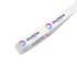 A white satin polyester ribbon with colourful branding and a logo displayed prominently.