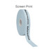 A roll of light blue satin polyester ribbon with screen-printed text, featuring a logo.