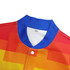 A vibrant unisex track jacket featuring a multicoloured design in red, orange, yellow, and blue, with a branding logo.
