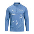 A light blue fishing pullover with a 1/4 zip, featuring marine-inspired graphics and a logo.