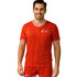 A red half V-neck T-shirt with white striped collar and a logo, featuring vertical pinstripes.