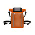 An orange waterproof crossbody handlebar bag features reflective strips and adjustable straps. It has a clear front pocket.