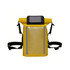 A waterproof crossbody handlebar bag in bright yellow with reflective strips and adjustable straps. It features a clear front pocket.