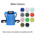 A blue waterproof crossbody handlebar bag with reflective strips and adjustable straps. Features a logo on the front.