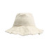 A raw edge bucket hat in cream, featuring a frayed brim and a logo on the side.